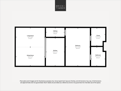 Floor plan for 2 beds, 1 bath, 821 sqft